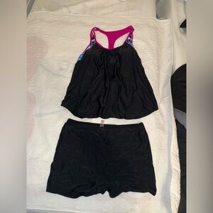 Black Tankini Set with Pink Racerback and Floral Trim